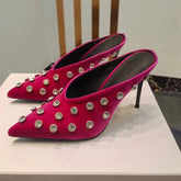 Runway Look Rhinestone Polka Dot Suede Half Head Slipper High-Heel Wedding Genuine Leather Summer Stiletto Heel Women Shoes Rose Red